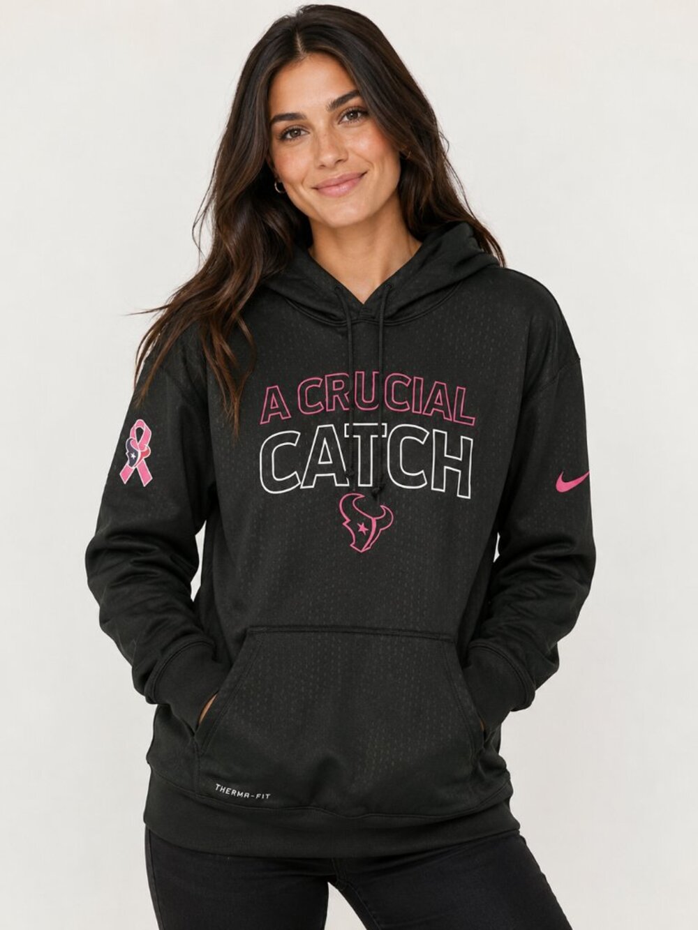 Nike Houston Texans Crucial Catch Therma-FIT Hoodie Black Pink XL NFL